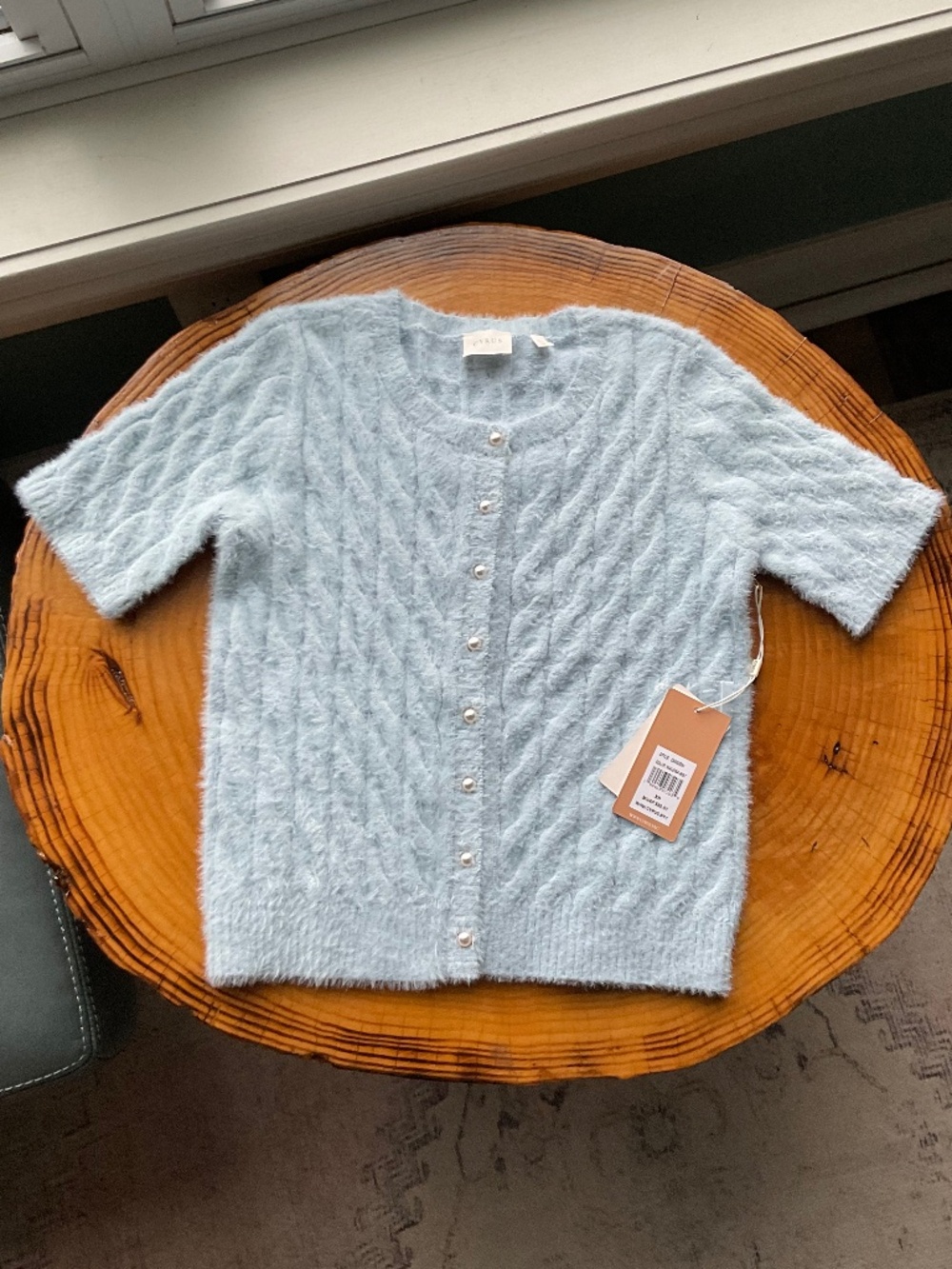 CYRUS Cable-Knit Light Blue Fuzzy Sweater Cardigan Pearl Buttons Gold Trim NWT